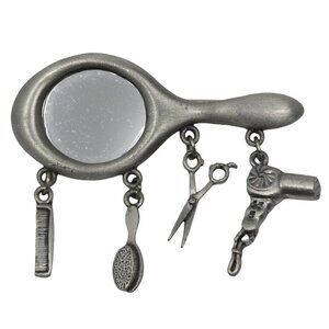 Vintage JJ Mirror Brooch with Beauty Salon Charms Statement Pin